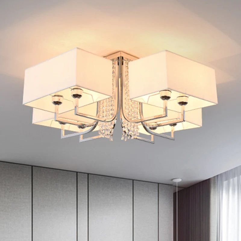 Kubieke stoffen kap semi-inbouw plafondlamp met kristallen druppel hedendaagse witte slaapkamer plafondlamp, 23,5"/31,5" b...