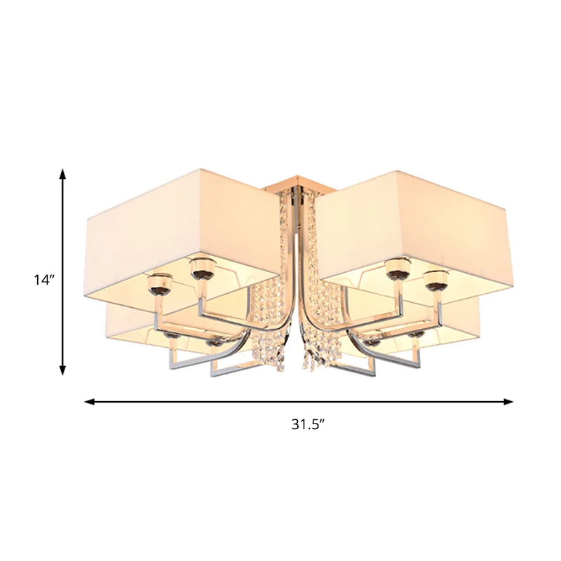 Kubieke stoffen kap semi-inbouw plafondlamp met kristallen druppel hedendaagse witte slaapkamer plafondlamp, 23,5"/31,5" b...
