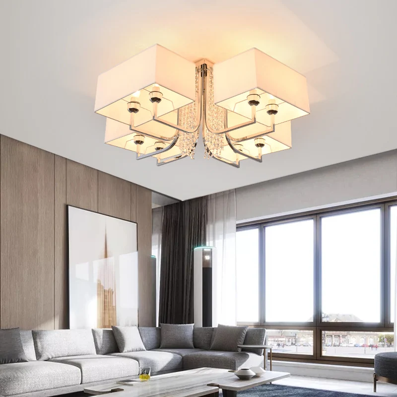 Kubieke stoffen kap semi-inbouw plafondlamp met kristallen druppel hedendaagse witte slaapkamer plafondlamp, 23,5"/31,5" b...