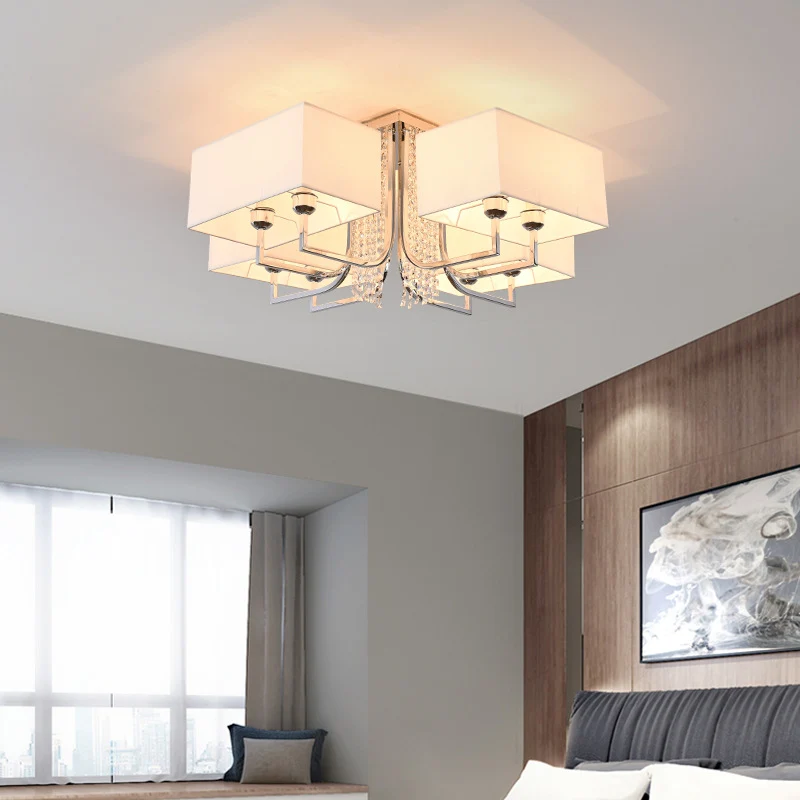 Kubieke stoffen kap semi-inbouw plafondlamp met kristallen druppel hedendaagse witte slaapkamer plafondlamp, 23,5"/31,5" b...