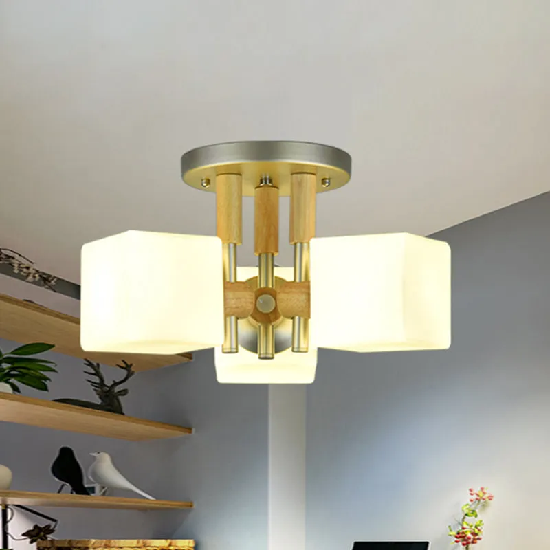 Kubus wit glas semi-inbouwlamp moderne 3-lichts houten plafondlamp Clearhalo