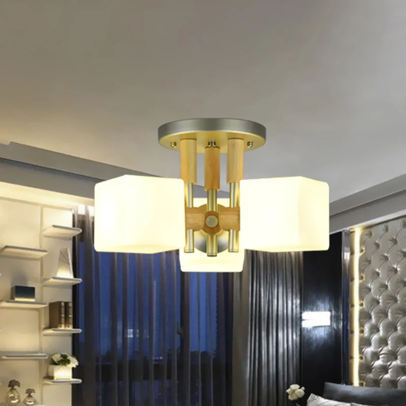 Kubus wit glas semi-inbouwlamp moderne 3-lichts houten plafondlamp Clearhalo