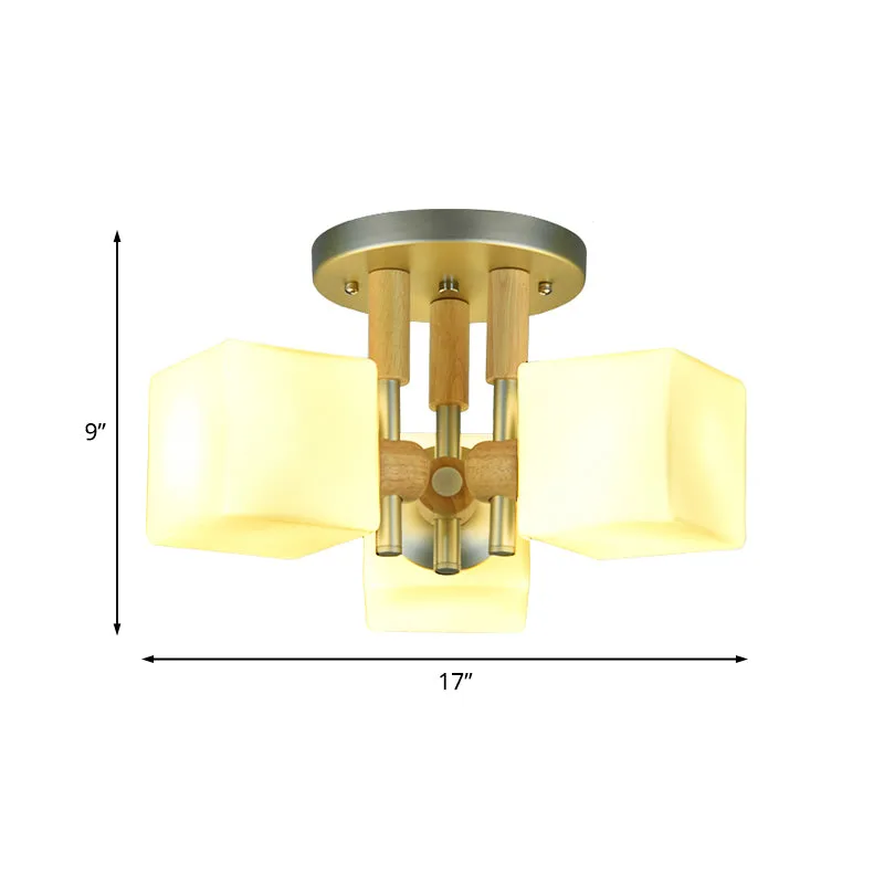 Kubus wit glas semi-inbouwlamp moderne 3-lichts houten plafondlamp Clearhalo