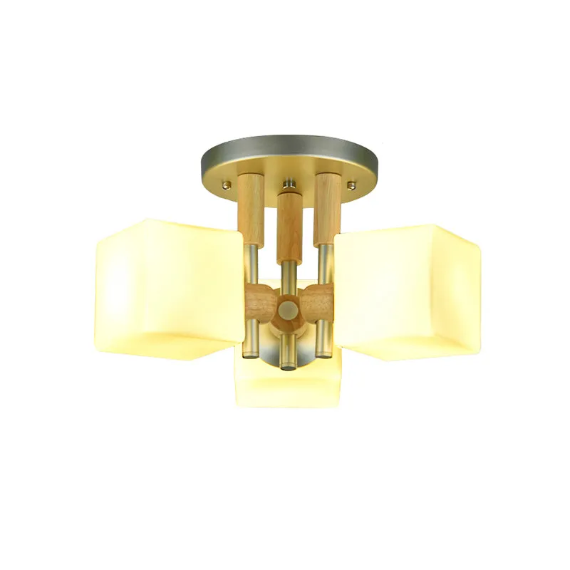 Kubus wit glas semi-inbouwlamp moderne 3-lichts houten plafondlamp Clearhalo
