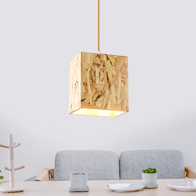 Kubusplafondlamp van gestrand hout Eenvoudig 1-lamps beige hanglamp boven dinette Clearhalo