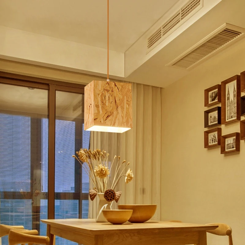 Kubusplafondlamp van gestrand hout Eenvoudig 1-lamps beige hanglamp boven dinette Clearhalo