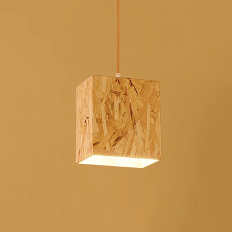 Kubusplafondlamp van gestrand hout Eenvoudig 1-lamps beige hanglamp boven dinette Clearhalo