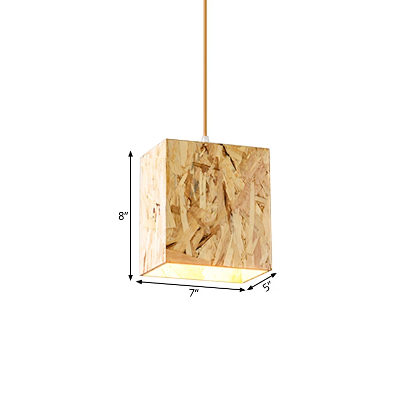 Kubusplafondlamp van gestrand hout Eenvoudig 1-lamps beige hanglamp boven dinette Clearhalo