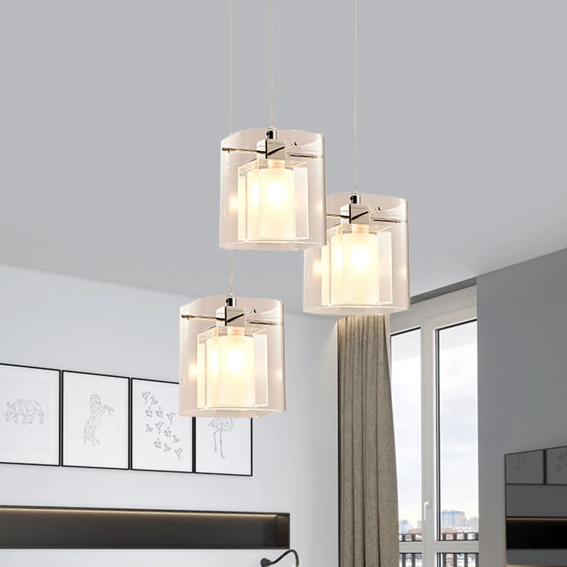 Kubusvormige eetzaal met 3 lampenkapjes, eenvoud, kristal, 3 lampen, chroom, multilicht plafondlamp Clearhalo