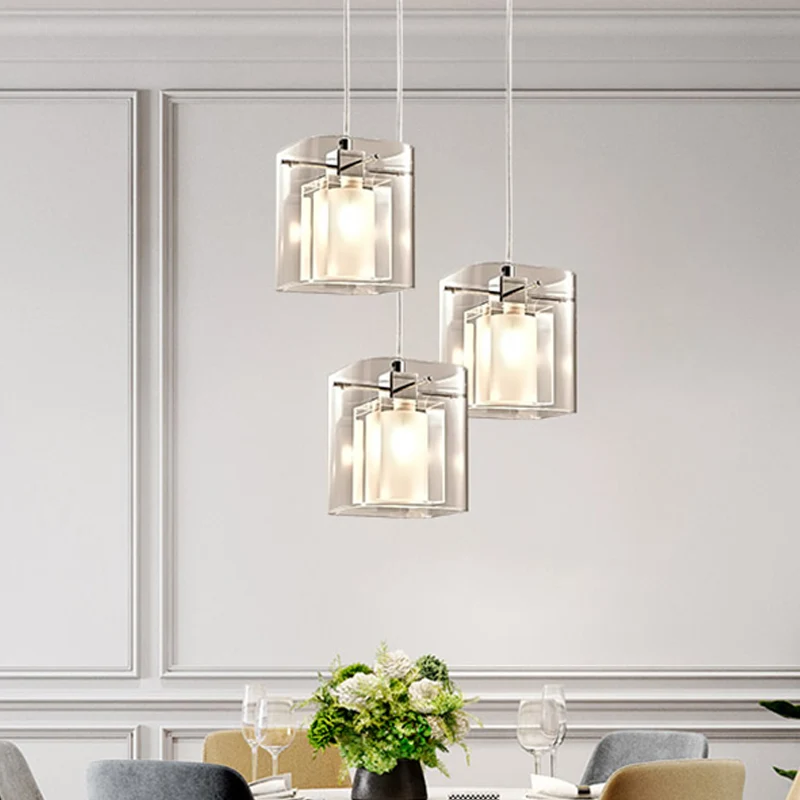 Kubusvormige eetzaal met 3 lampenkapjes, eenvoud, kristal, 3 lampen, chroom, multilicht plafondlamp Clearhalo