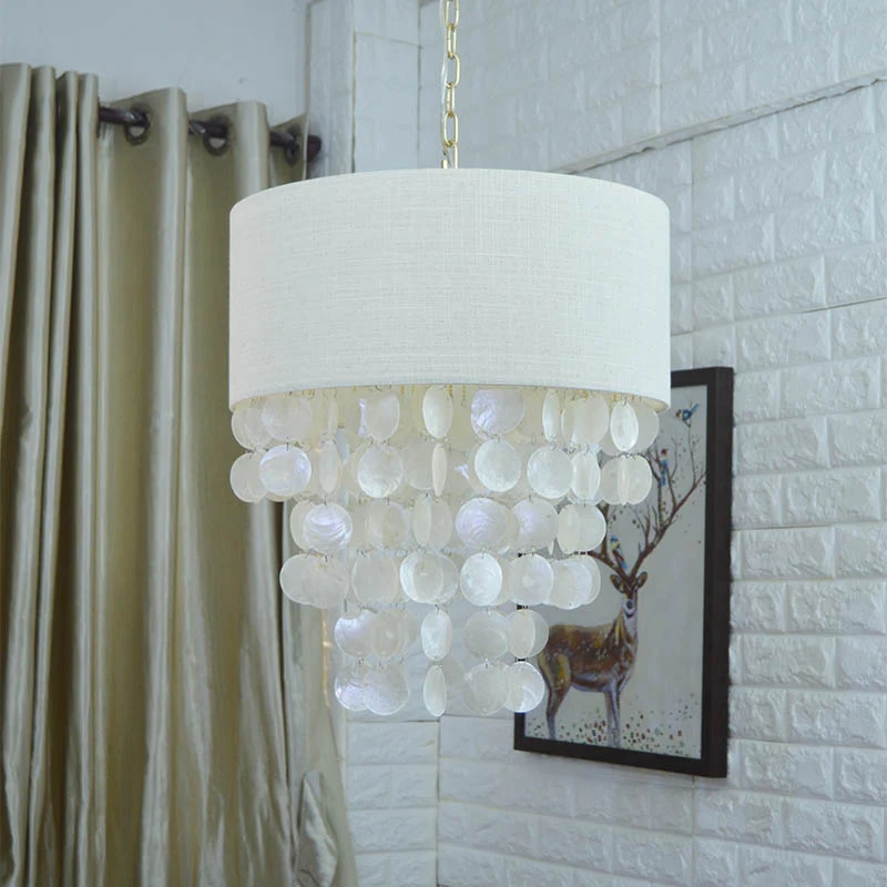 Kwastje Shell Hangende Kroonluchter Retro 3 Hoofden Witte Plafond Hanglamp met Drum Stoffen Schaduw voor Woonkamer Clearhalo