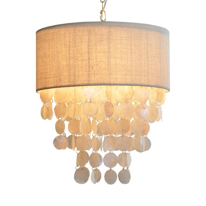 Kwastje Shell Hangende Kroonluchter Retro 3 Hoofden Witte Plafond Hanglamp met Drum Stoffen Schaduw voor Woonkamer Clearhalo