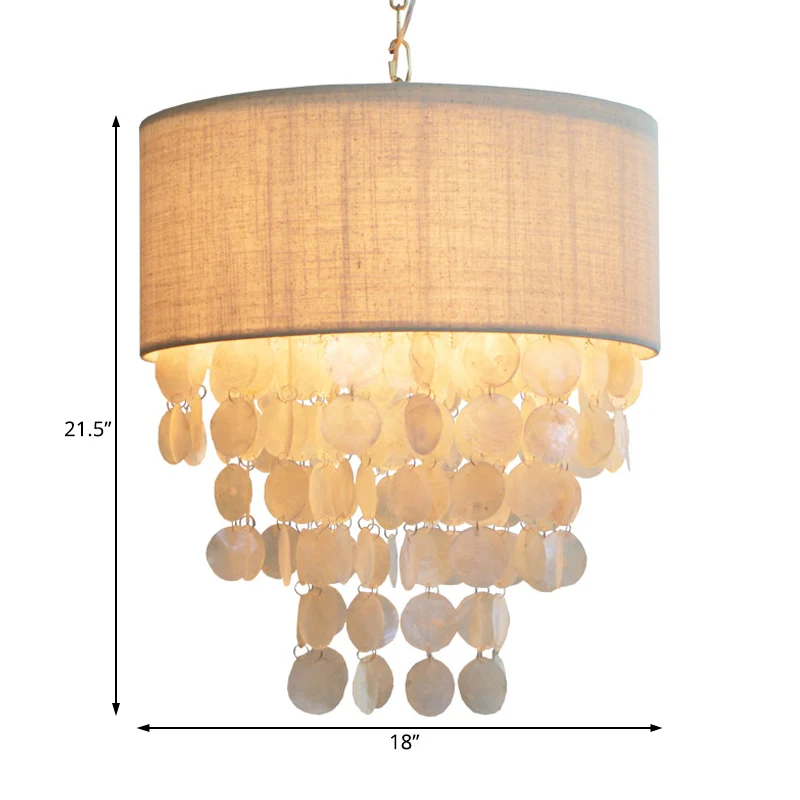 Kwastje Shell Hangende Kroonluchter Retro 3 Hoofden Witte Plafond Hanglamp met Drum Stoffen Schaduw voor Woonkamer Clearhalo