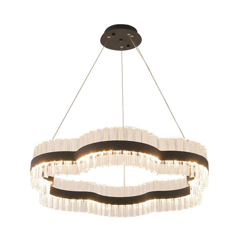 1/2 lagen bloem woonkamer plafond kroonluchter kristal 23,5 "/31,5" brede led minimalistische hangende lichtset zwart/goud...