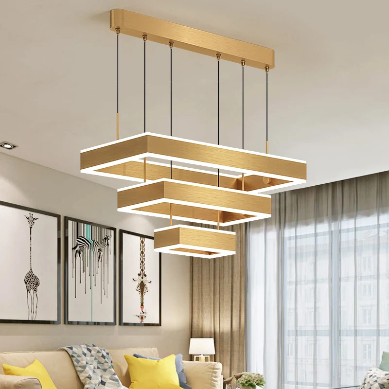 2/3 lagen vierkante/rechthoekige hanglamp postmoderne acryl gouden afwerking LED-kroonluchter voor woonkamer Clearhalo