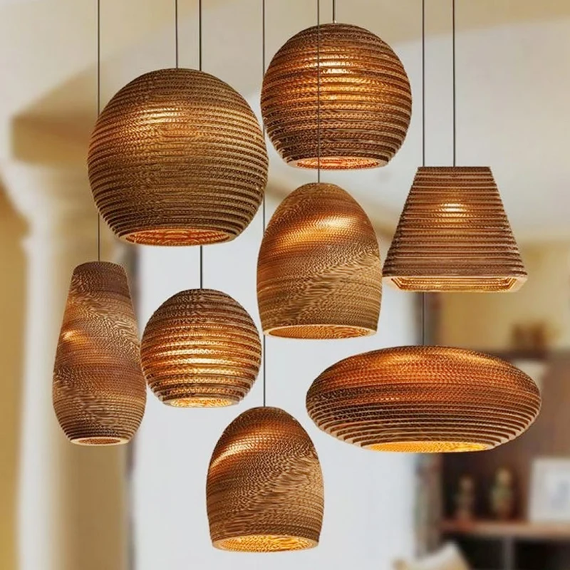 1 Lamp Bistro Hanglamp Rustiek Bruin Pendellicht met Geometrische/Cilinder/Buikvormige Golfpapier Schaduw Clearhalo