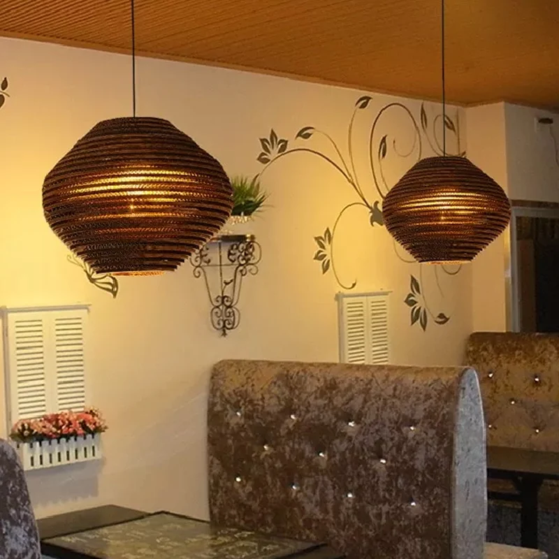 1 Lamp Bistro Hanglamp Rustiek Bruin Pendellicht met Geometrische/Cilinder/Buikvormige Golfpapier Schaduw Clearhalo