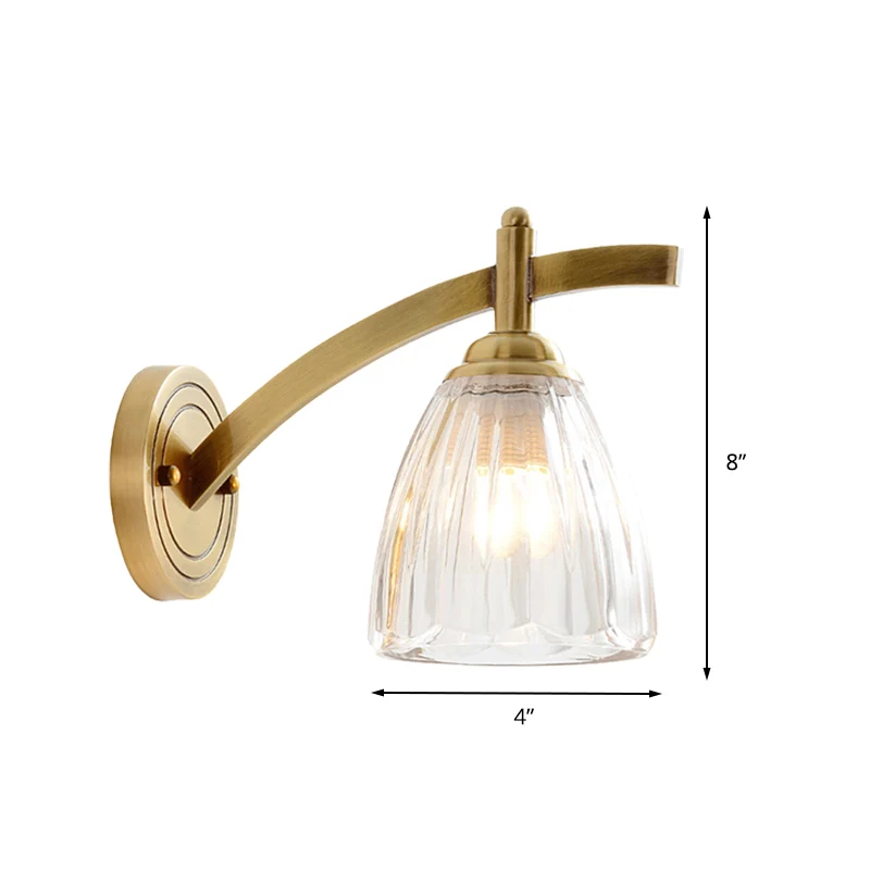 1 Lamp Cone Sconce Lamp Tradition Metalen wandverlichtingsarmatuur goud met geribbelde glazen kap voor nachtkastje Clearhalo