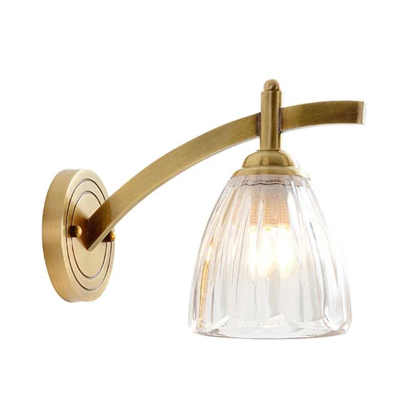 1 Lamp Cone Sconce Lamp Tradition Metalen wandverlichtingsarmatuur goud met geribbelde glazen kap voor nachtkastje Clearhalo