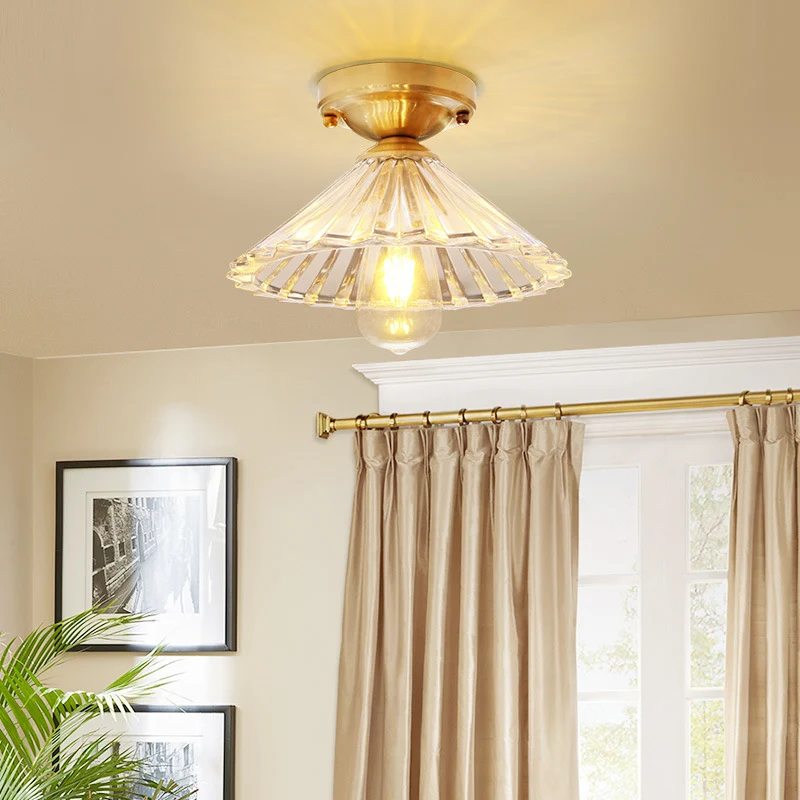 1 Lamp Cone Semi-inbouwlamp Traditioneel geribbeld glazen plafondmontagearmatuur messing voor slaapkamer Clearhalo
