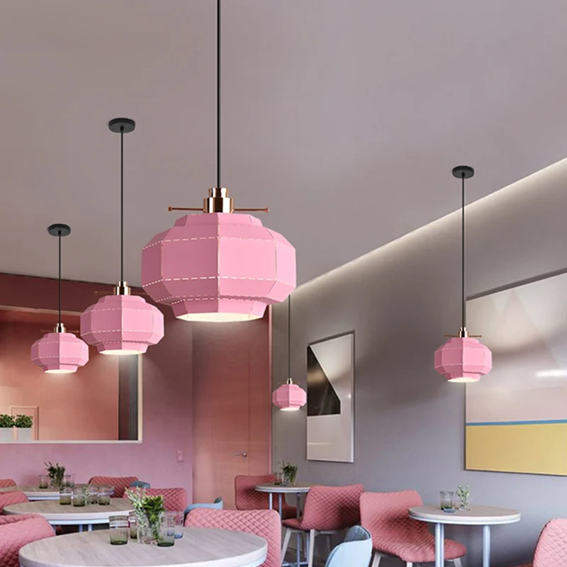 1 Lamp Dinette Slingerlamp Macaron Roze Hangende Hanglamp met Gefacetteerde Lantaarn Ijzeren Kap Clearhalo