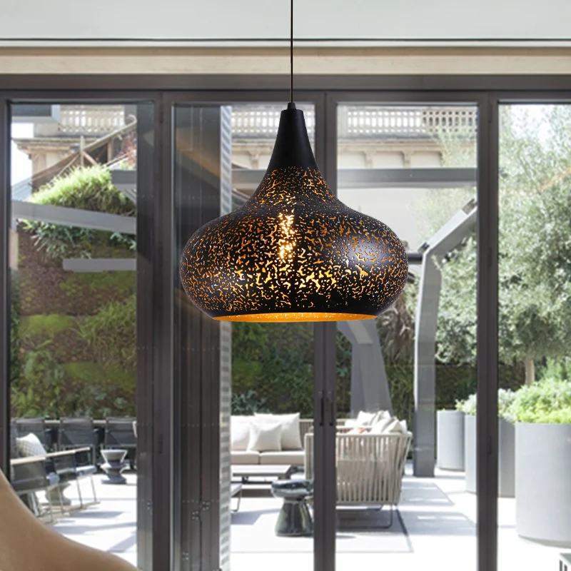 1 lamp geëtste kalebas hanglamp vintage zwart ijzer hanglampset voor restaurant Clearhalo