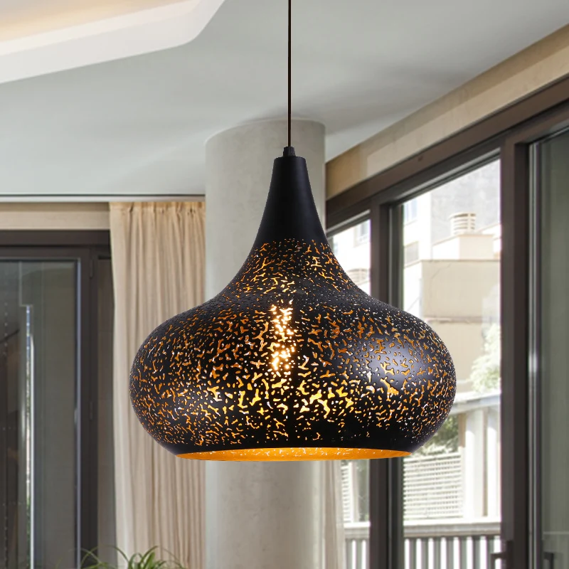 1 lamp geëtste kalebas hanglamp vintage zwart ijzer hanglampset voor restaurant Clearhalo