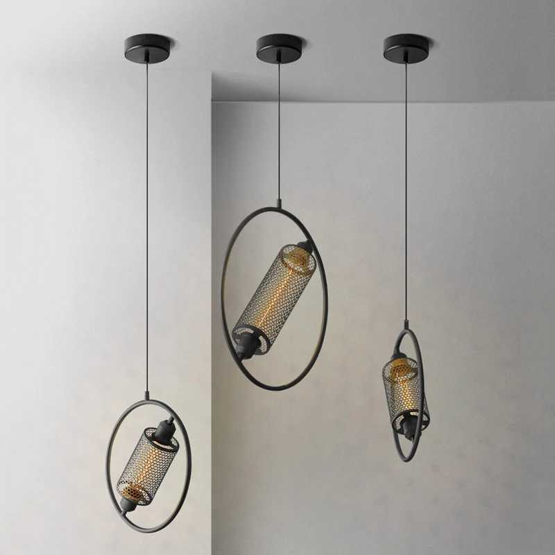 1 lamp hangende plafondlamp koloniale cilinder metalen gaas hanglamp met ring zwart/goud, 14"/18" breed Clearhalo