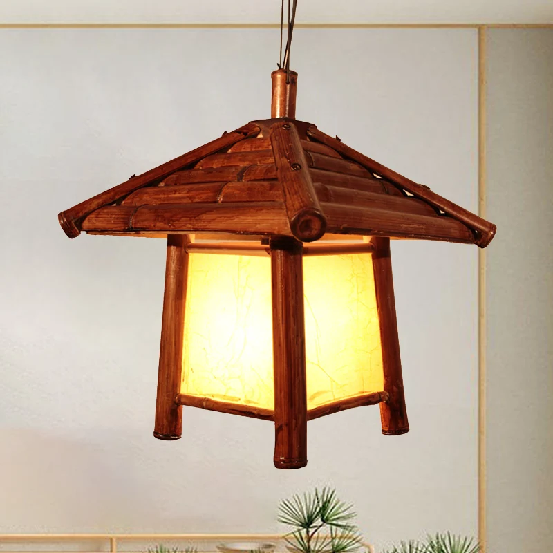 1 Lamp Restaurant Plafondlamp Aziatisch Bruin Hanglamp met Toren Houten Schaduw Clearhalo