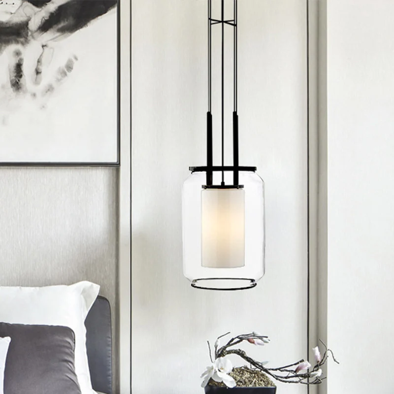 1 lamp slaapkamer hangende hanglamp moderne zwarte neerwaartse verlichting met cilinder helder glazen kap Clearhalo