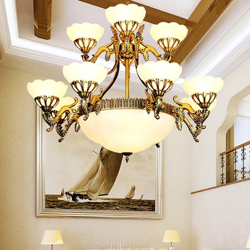 15 lampen 2-laags geschulpte kroonluchter traditionele messing crèmekleurige hanglamp voor woonkamer Clearhalo