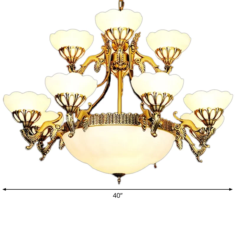 15 lampen 2-laags geschulpte kroonluchter traditionele messing crèmekleurige hanglamp voor woonkamer Clearhalo