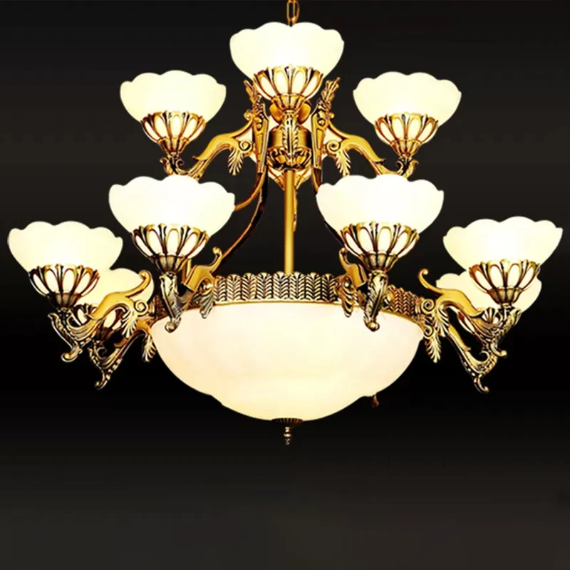 15 lampen 2-laags geschulpte kroonluchter traditionele messing crèmekleurige hanglamp voor woonkamer Clearhalo