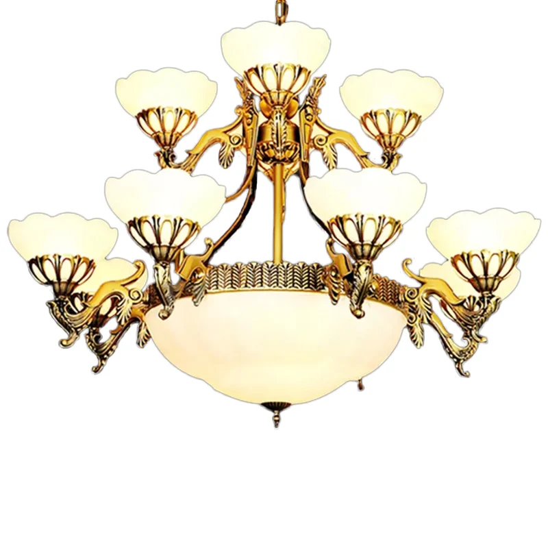 15 lampen 2-laags geschulpte kroonluchter traditionele messing crèmekleurige hanglamp voor woonkamer Clearhalo