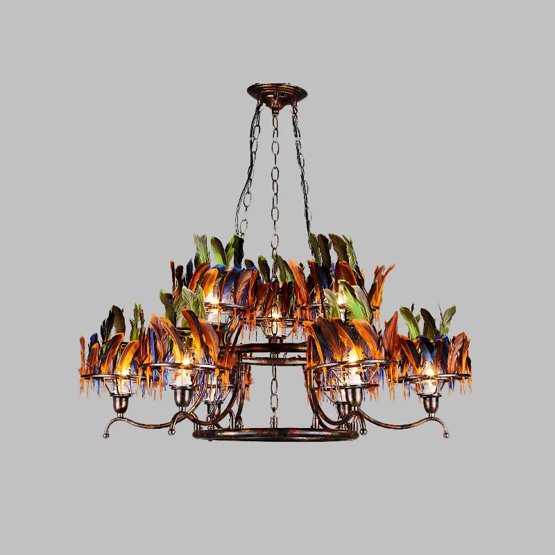 6 lampen 2-laags hanglamp antiek roestijzer plafondkroonluchter met rood-blauw-groene veerdecoratie Clearhalo