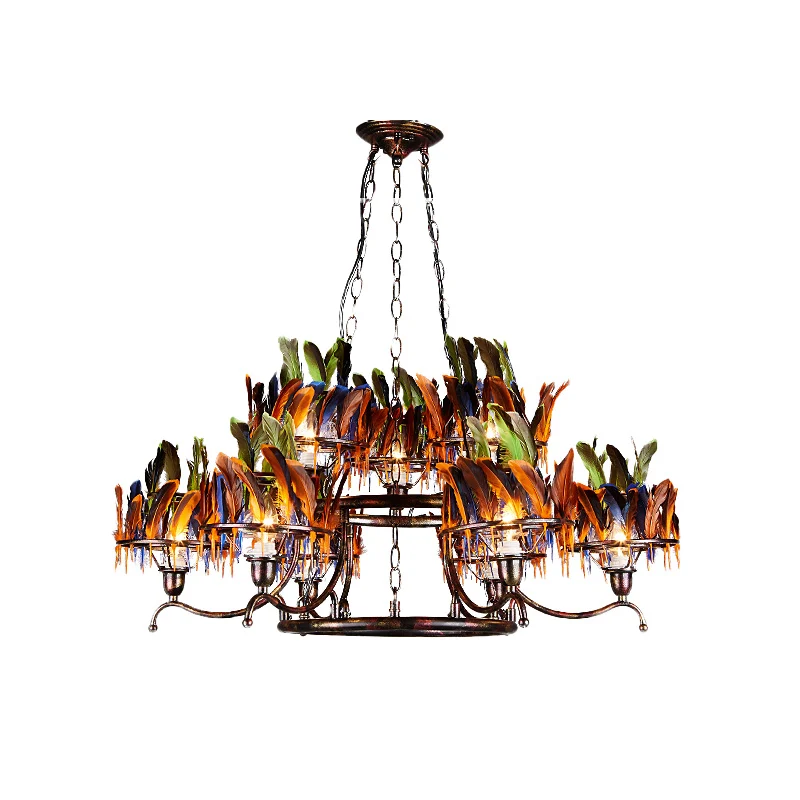 6 lampen 2-laags hanglamp antiek roestijzer plafondkroonluchter met rood-blauw-groene veerdecoratie Clearhalo