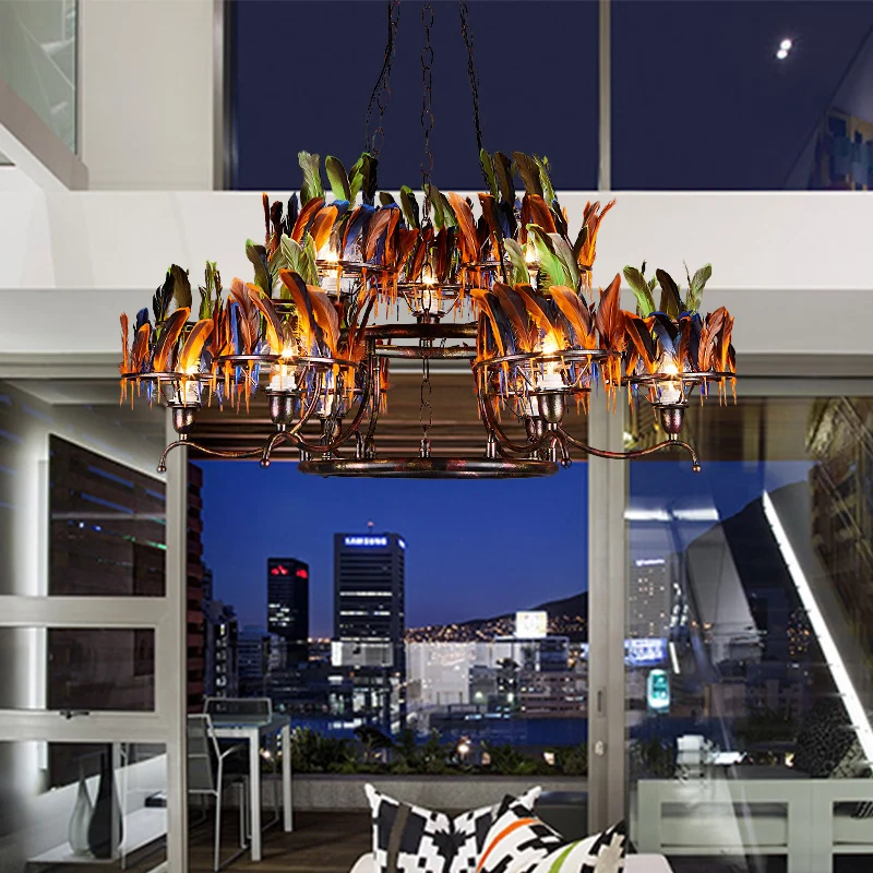 6 lampen 2-laags hanglamp antiek roestijzer plafondkroonluchter met rood-blauw-groene veerdecoratie Clearhalo