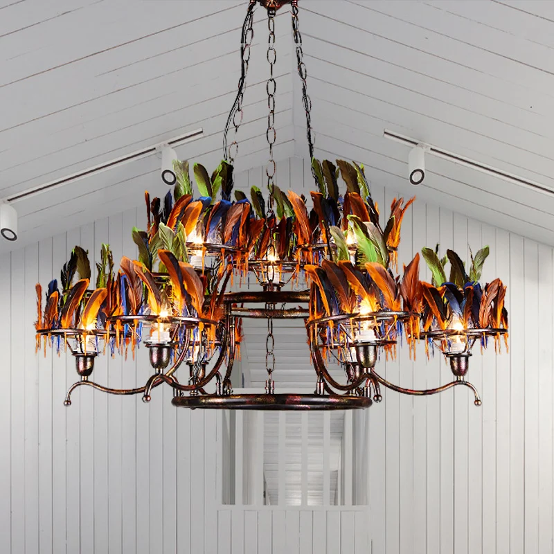 6 lampen 2-laags hanglamp antiek roestijzer plafondkroonluchter met rood-blauw-groene veerdecoratie Clearhalo