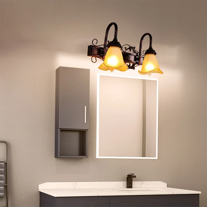 2/3 lampen bloem make-upspiegel licht traditionele stijl roodbruin schanslicht met bloemblaadje amberkleurige glazen kap C...