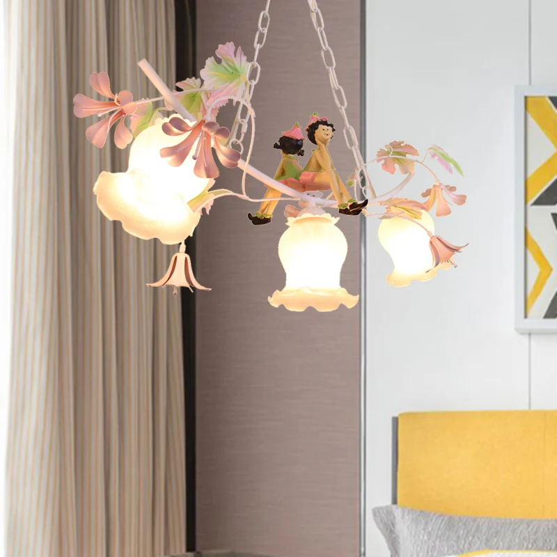 3 lampen bloemkroonluchter licht pastoraal wit metalen hanglamp met poppendecoratie Clearhalo