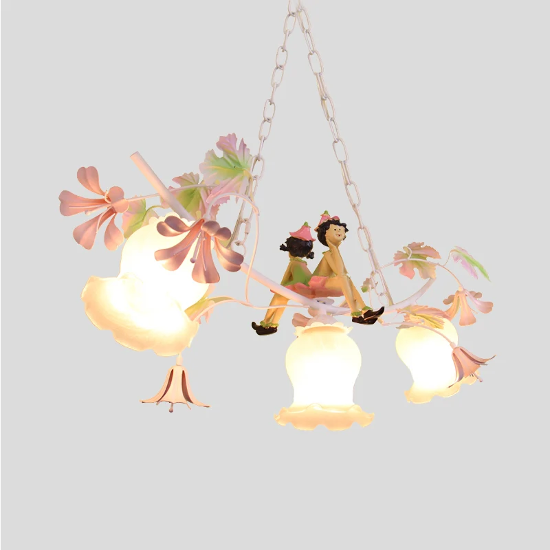 3 lampen bloemkroonluchter licht pastoraal wit metalen hanglamp met poppendecoratie Clearhalo