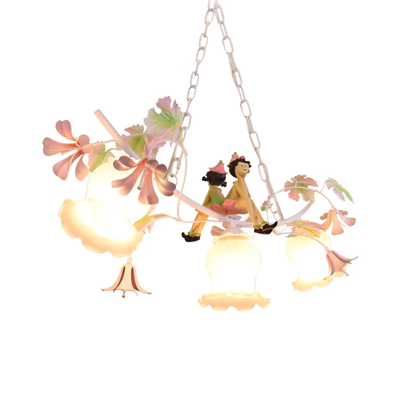 3 lampen bloemkroonluchter licht pastoraal wit metalen hanglamp met poppendecoratie Clearhalo