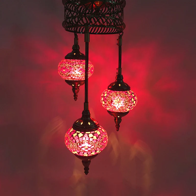 3 Lampen Bol Plafond Kroonluchter Traditie Roze/Rood-Blauw-Koffieglas Hangende Verlichtingsarmatuur Clearhalo