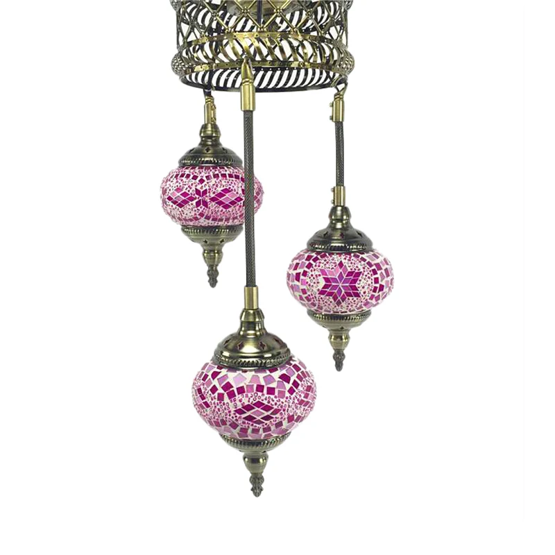 3 Lampen Bol Plafond Kroonluchter Traditie Roze/Rood-Blauw-Koffieglas Hangende Verlichtingsarmatuur Clearhalo