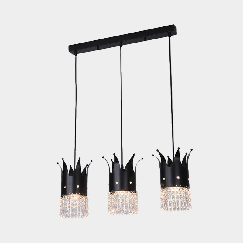 3 lampen Crown Island Lighting Modern Zwart Lineair/Ronde luifel Metalen multi-hanglampset met kristallen druppels Clearhalo