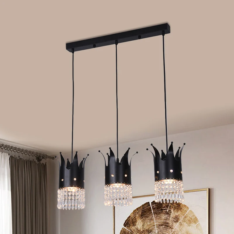 3 lampen Crown Island Lighting Modern Zwart Lineair/Ronde luifel Metalen multi-hanglampset met kristallen druppels Clearhalo