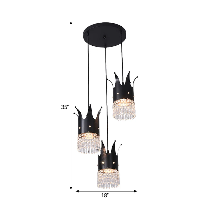 3 lampen Crown Island Lighting Modern Zwart Lineair/Ronde luifel Metalen multi-hanglampset met kristallen druppels Clearhalo