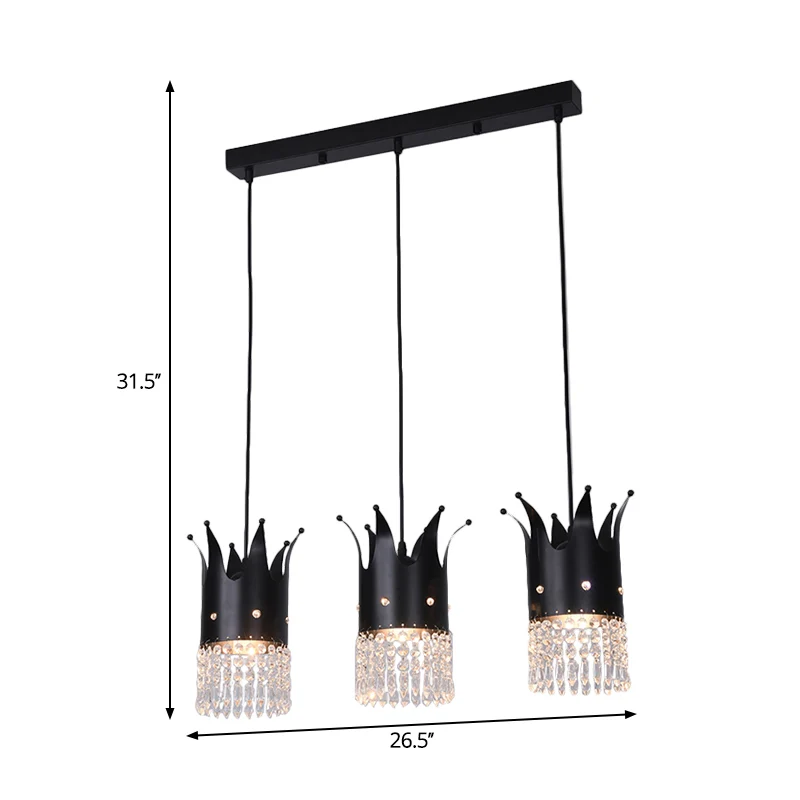 3 lampen Crown Island Lighting Modern Zwart Lineair/Ronde luifel Metalen multi-hanglampset met kristallen druppels Clearhalo
