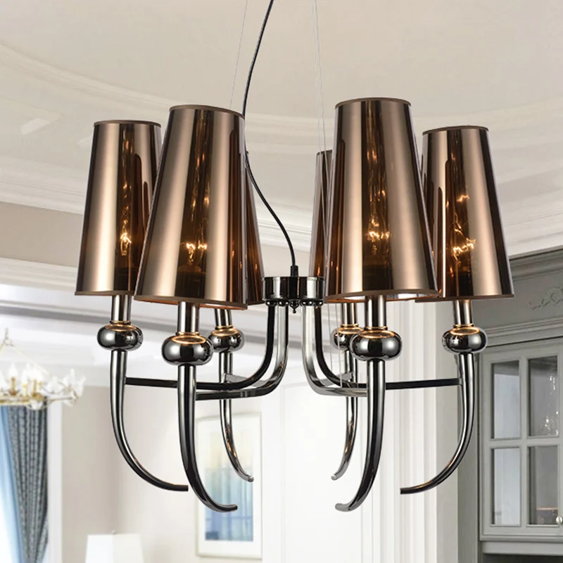 6 lampen diepe kegel kroonluchter lichte rustieke zwarte ijzeren hangende hanger met hoorndecor Clearhalo