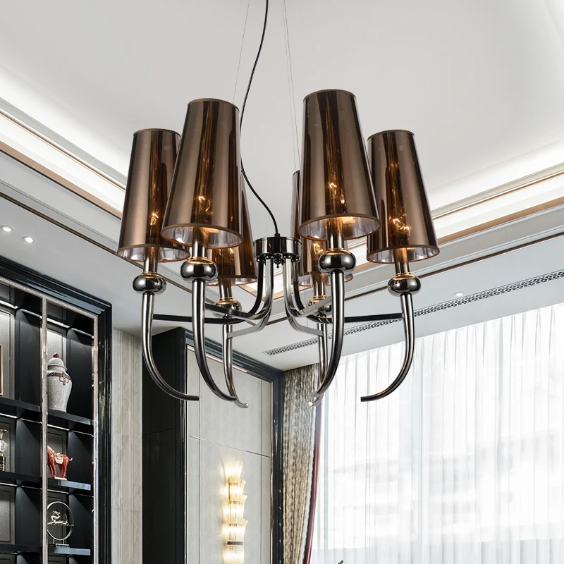 6 lampen diepe kegel kroonluchter lichte rustieke zwarte ijzeren hangende hanger met hoorndecor Clearhalo
